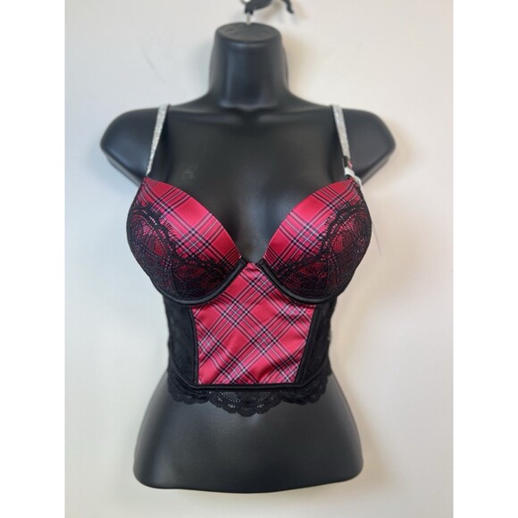 Victoria's Secret Other - Victoria Secret Bra 34B Bombshell Push Up Red Black Plaid Shine Strap Lace Bling